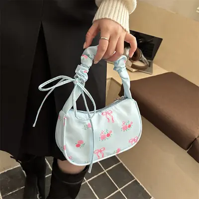 Pleated Bow Print Women's Shoulder Bag, Korean Style Underarm Bag - 3
