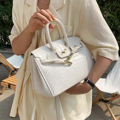 Crocodile Pattern Women's Kelly Handbag, Large Structured Bag - 3