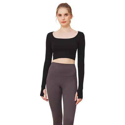 Women's Seamless Black Long Sleeve Short Crop Yoga Top, Autumn Winter - 7