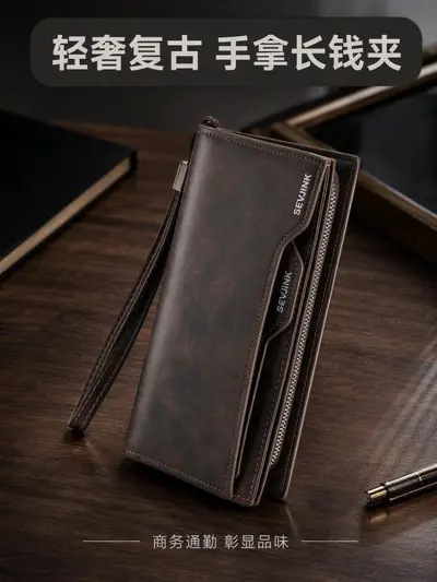 Herren-Langbörse aus Crazy-Horse-Leder im Retro-Stil, Clutch mit Reißverschluss