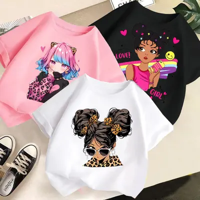 Girls' Short-Sleeve Loose Cartoon Print T-Shirt