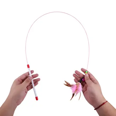 Long Pole Interactive Cat Teaser Wand, Feather and Bell, Steel Wire - 2