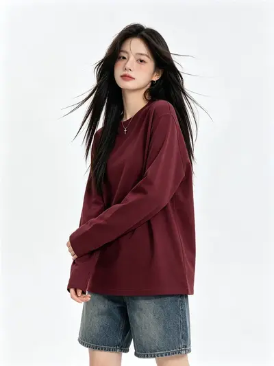Langarm-Damen-T-Shirt, weiß, 100 % Baumwolle, Rundhals, lockere Passform