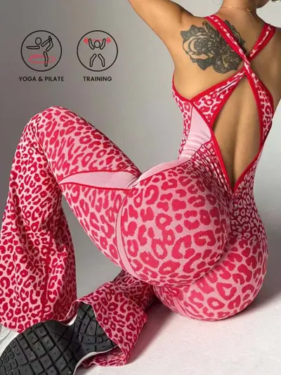 Leopard Print Cross Back Flared One-Piece Yoga Jumpsuit for Women - 11
