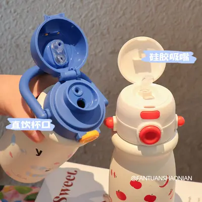 Paslanmaz çelik çift içecekli termos bardak, karikatür tasarım, taşıma kulplu - 5