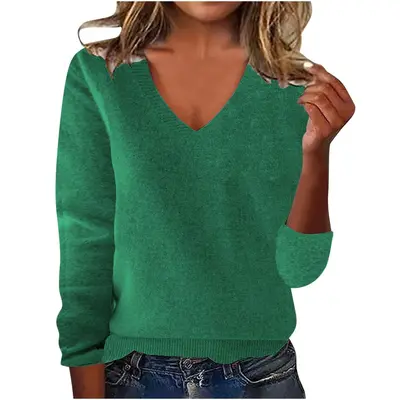 Damen-Pullover, einfarbig, V-Ausschnitt, lockere Passform, Herbst/Winter - 10