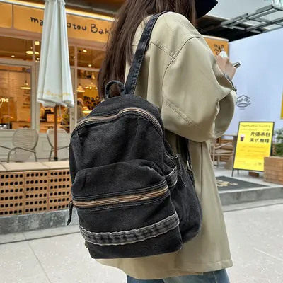 Retro Denim Small Backpack for Women, Student Casual Daypack - 5