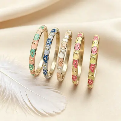 Enamel flower women's bracelet, open design - 3