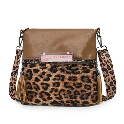 Women's Leopard Print Textured Crossbody Shoulder Bag, Color Block - 5
