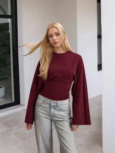 Women's Solid Color Round Neck Long Sleeve Top, Wide Sleeve, Waist-Cinching