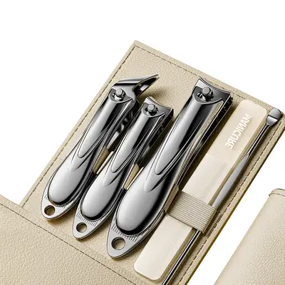 Nail clippers set with rotating leather bag, angled mouth, anti-splash