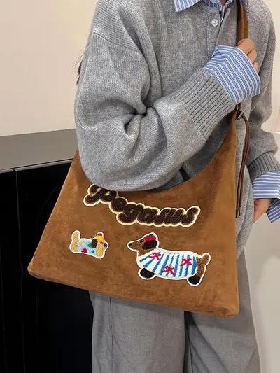 Süet Dachshund Yamalı Retro Koleji Tarzı Tek Omuz Çanta, Kadın Çapraz Çanta