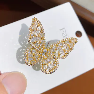 Copper butterfly ring with zirconia stones, adjustable size - 7