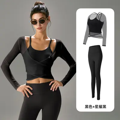专业瑜伽服女套装长袖收腰显瘦运动健身两件套高级感普拉提带胸垫 - 12