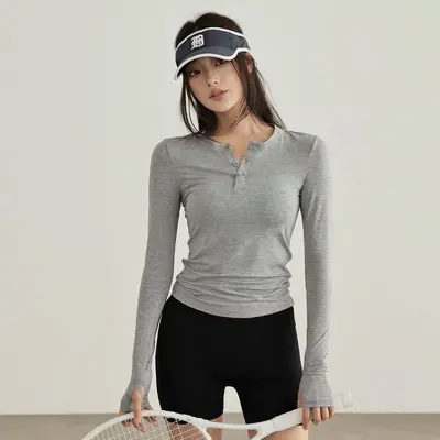 Damen Langarm-Yoga-Shirt mit Stehkragen, figurbetont, Fitnessbekleidung