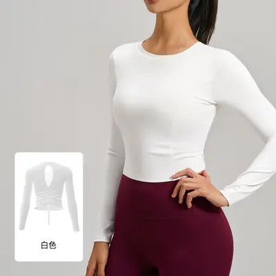 Women's Pleated Peach Back Long Sleeve Running Yoga Top with Built-in Bra - 7