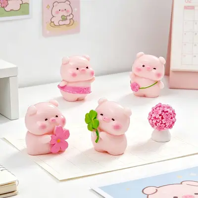 Cute Cherry Blossom Piglet Figurine for Dollhouse and DIY Decoration - 3
