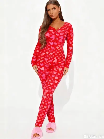 Valentine's Day Printed Jumpsuit with Open Back Button Detail, Sexy Sleepwear
