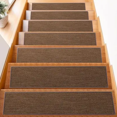 Self-Adhesive Stair Tread Mats, Non-Slip, Imitation Linen, Solid Wood Step Protector - 8
