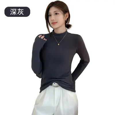 Women's Half-High Collar Double-Sided Velvet Base Layer Top, Solid Color - 9