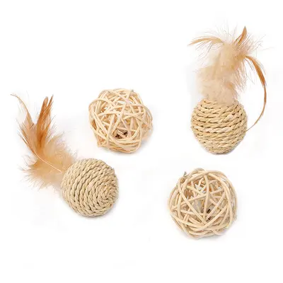 Kedi Oyuncağı Çift Toplu Doğal Rattan Top, Çıngıraklı Hasır Örgü - 6