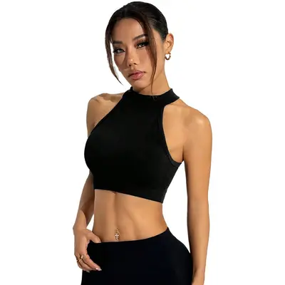 Seamless Halter Neck Sports Bra, Fixed Pads, Medium Support, Open Back - 6