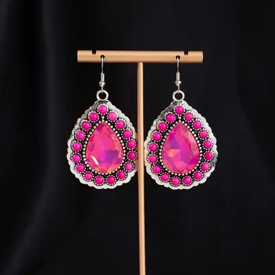 Rhinestone Turquoise Bull Head Flower Drop Earrings, Vintage Boho Style