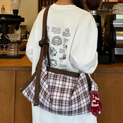 Retro Plaid Canvas Tote Bag, Padded Color-Block Single Shoulder, Large Capacity