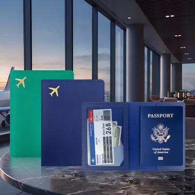 Cross-border In-stock Thick PU Leather Passport Holder with Customizable Logo, Hot-stamped Airplane Passport Book Protective Cover
