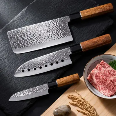 Forged stainless steel kitchen knife set with chef and santoku knives
