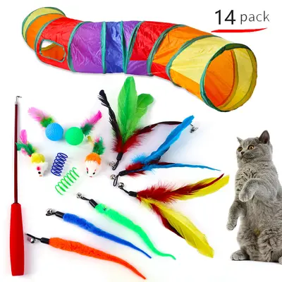 Cat Toy Set with Retractable Teaser Wand and Feather Bell - 3