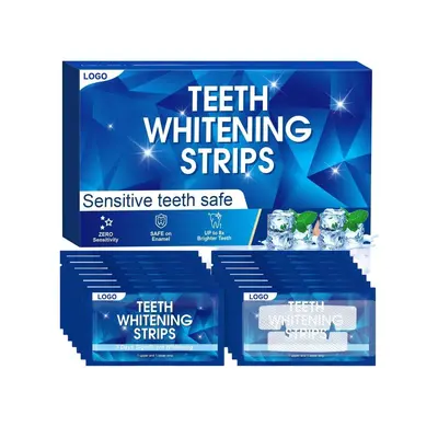 Mint-flavored teeth whitening strips that remove stains gently