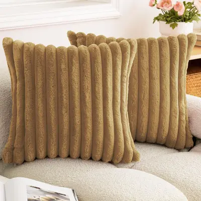 Rabbit Fur Throw Pillow Cover, Rectangular, Vertical Stripe Plush - 13