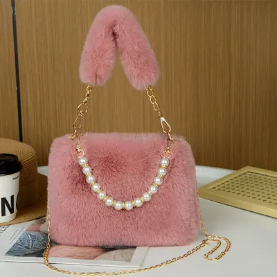 Rabbit Fur Plush Pearl Handbag with Chain Strap - 8