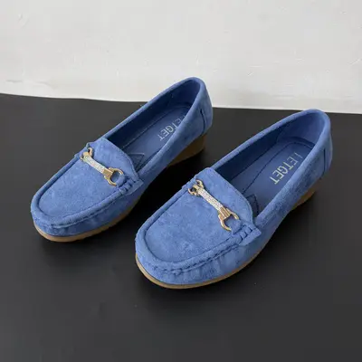 Kadın Topuklu Fasulye Ayakkabı, Taş Metal Tokalı Loafer, Yumuşak Tabanlı Kaymaz