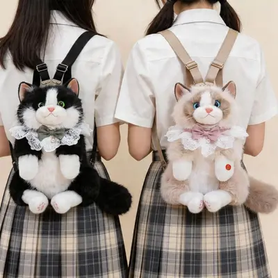 Plush Cat Doll Backpack for Kids and Girls, Realistic Stuffed Animal Decoration - 2