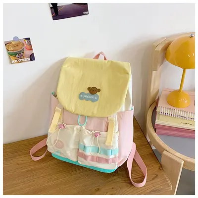 Dopamin-Farbblöcke Schulrucksack für Mittel- und Oberschüler, großvolumig, Klappdeckel, Doppelschulterträger, niedlicher Mädchen-Reiserucksack - 7