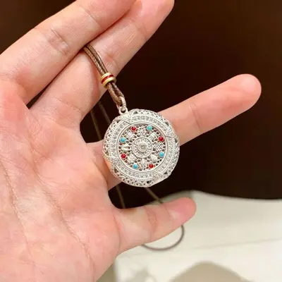 Silver rotatable Eight Treasures compass pendant, long sweater chain - 8