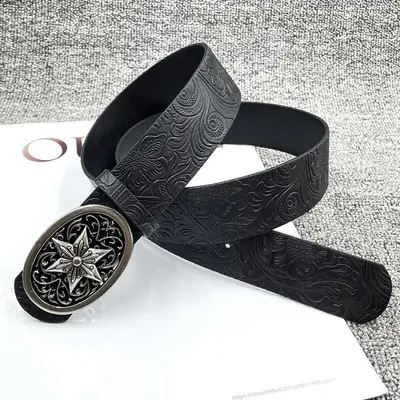 American Vintage Cross Metal Buckle Belt Unisex Kro New Design Y2K Black Embossed Leather Belt - 10