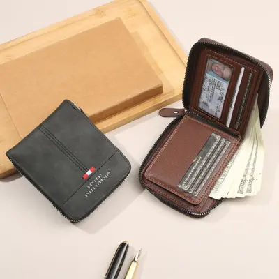 Men's Short Horizontal Tri-Fold Wallet with Zip Coin Pocket, Retro - 2