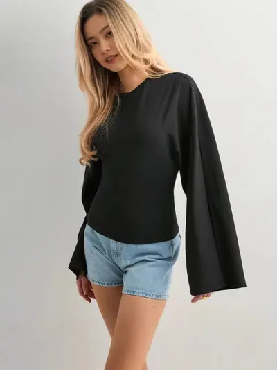Women's Solid Color Round Neck Long Sleeve Top, Wide Sleeve, Waist-Cinching