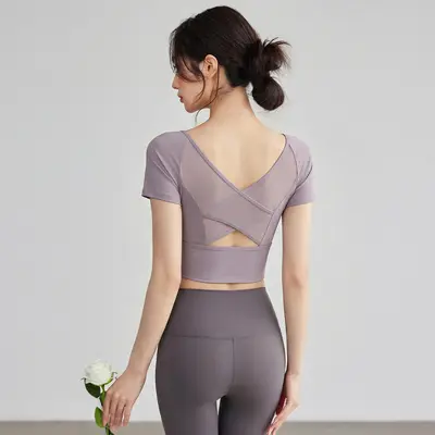 Kadın Kısa Kollu Yoga Üstü, Çapraz Açık Sırt, Mesh Koşu ve Pilates - 6