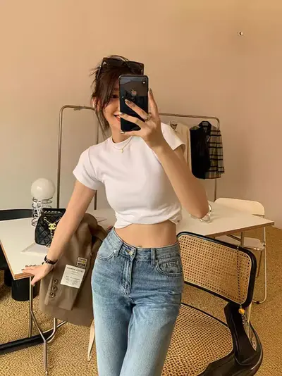 Solid Color Slim-Fit Short Sleeve T-Shirt for Women
