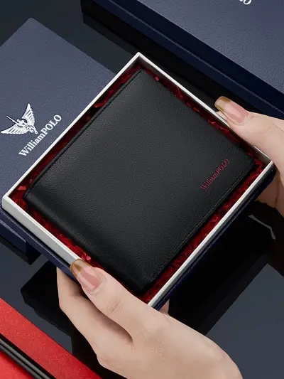 Men's Genuine Leather Short Wallet with Red Lining - 5