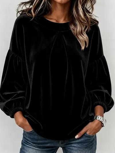 2026 Women's Round Neck Lantern Sleeve Velvet Patchwork Long-Sleeve T-Shirt - 9