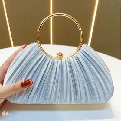 Women's Pleated Evening Bag, Ring Handle Party Clutch - 8