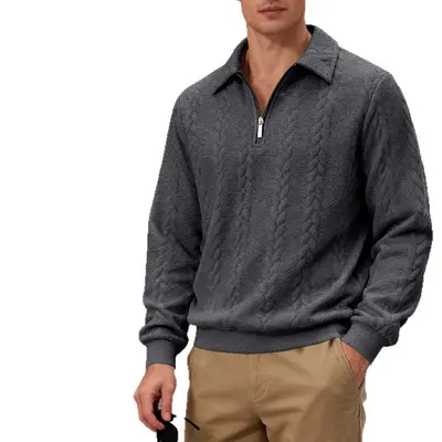 Erkek Fermuarlı POLO Sweatshirt, Doku Desenli, Büyük Beden