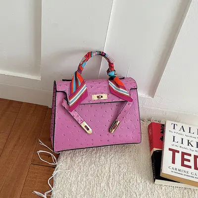 Small Women's Shoulder Bag with Ostrich Pattern, Silk Scarf Detail, Crossbody Strap - 3