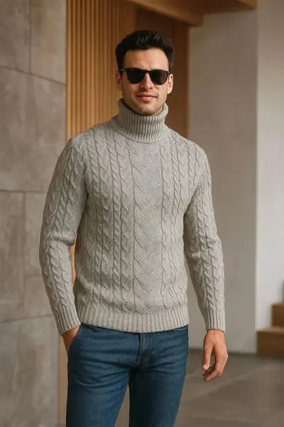 Herren-Rollkragenpullover im Zopfmuster, große Größen, einfarbig, Wolle - 13