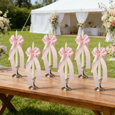 Satin Ribbon Bow Candlestick Decoration, Wedding Table Centerpiece - 10